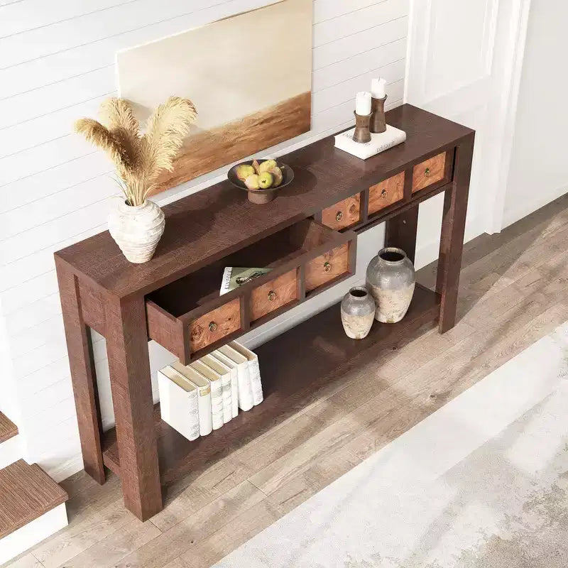 54 Table console de ferme rustique pour l'entrée, longue table de canapé en bois avec 2 tiroirs de rangement et étagère ouverte pour le couloir et le salon