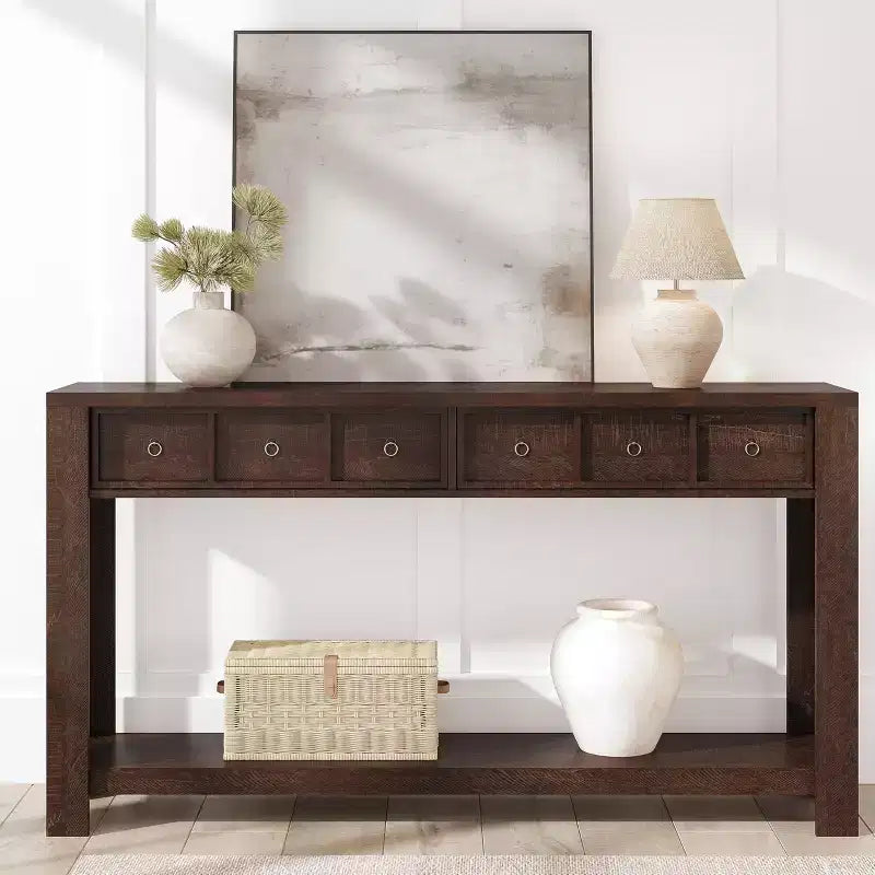 54 Table console de ferme rustique pour l'entrée, longue table de canapé en bois avec 2 tiroirs de rangement et étagère ouverte pour le couloir et le salon