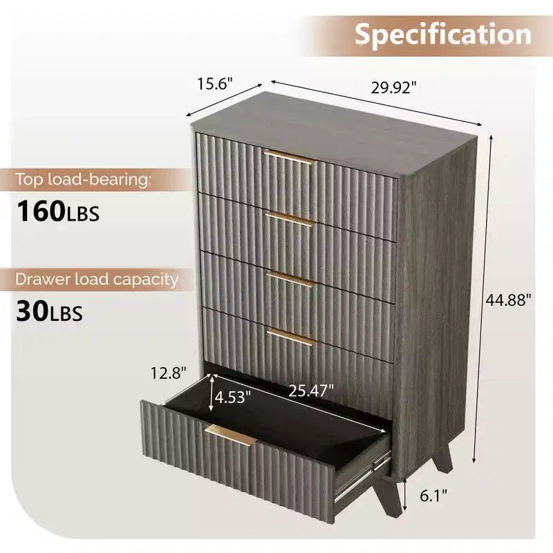 Karl Home Commode 5 Tiroirs Grille Panneaux de Particules P2 Panneaux de Fibres 30 po L.