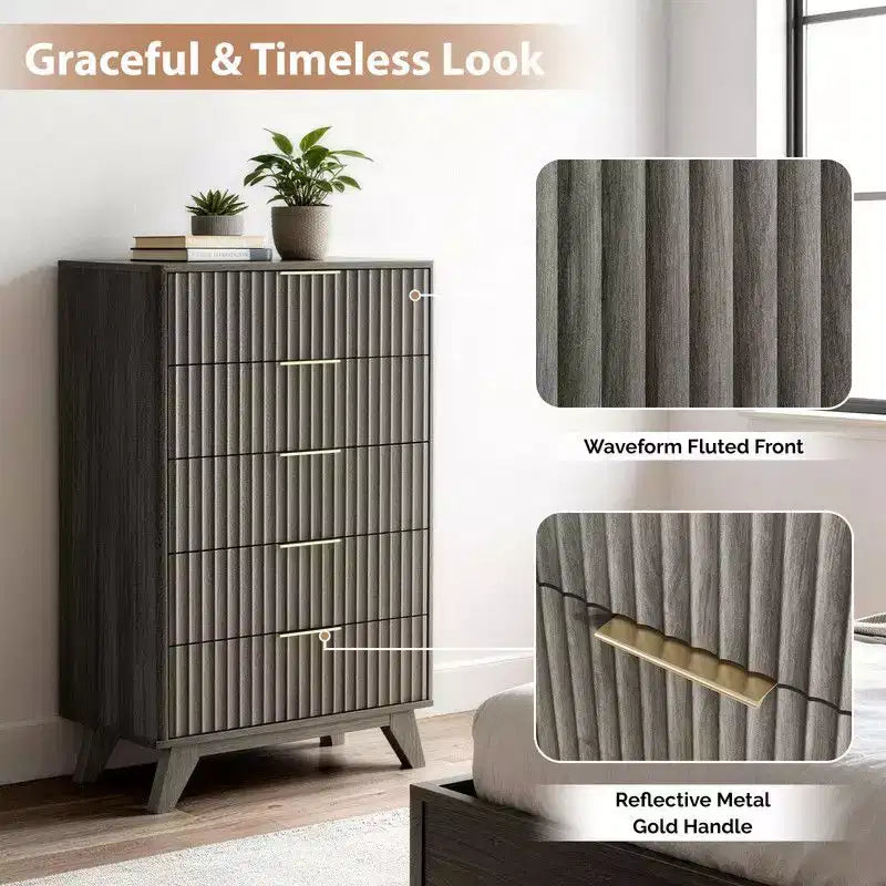 Karl Home Commode 5 Tiroirs Grille Panneaux de Particules P2 Panneaux de Fibres 30 po L.