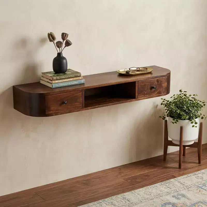Console flottante HomeRoots 43 en bois massif châtaignier avec étagère et deux tiroirs