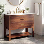 Meuble-lavabo de salle de bain de ferme de 36 po avec évier Meuble-lavabo autoportant en noyer avec 2 tiroirs, étagère ouverte et poignées, assemblage facile