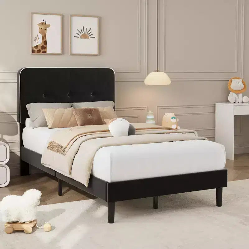 Lit plateforme double rembourré en velours avec tête de lit réglable, support métallique robuste, silencieux, aucun sommier tapissier requis