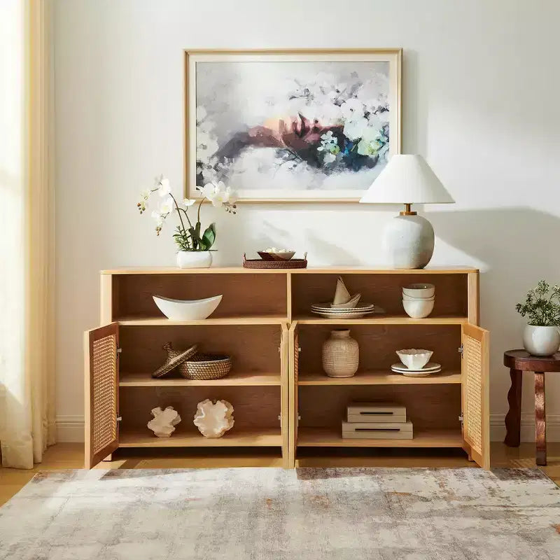 JVNOXK Buffet moderne du milieu du siècle en rotin de 160 cm avec rangement, meuble TV et bar à café de couleur naturelle, pour le salon