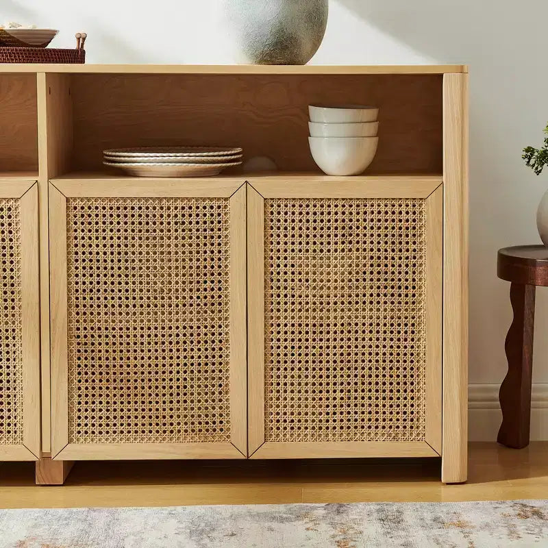 JVNOXK Buffet moderne du milieu du siècle en rotin de 160 cm avec rangement, meuble TV et bar à café de couleur naturelle, pour le salon