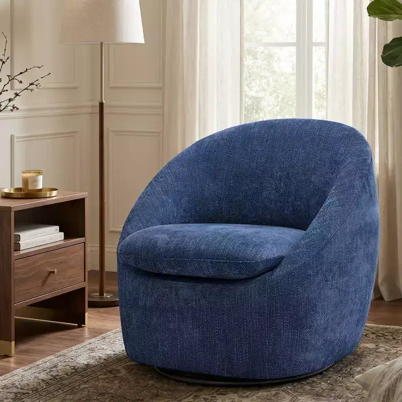 Fauteuil d'appoint pivotant Bekrvio, fauteuil baril en chenille avec coussin épais, fauteuil de salon moderne avec base en métal pour salon chambre à coucher