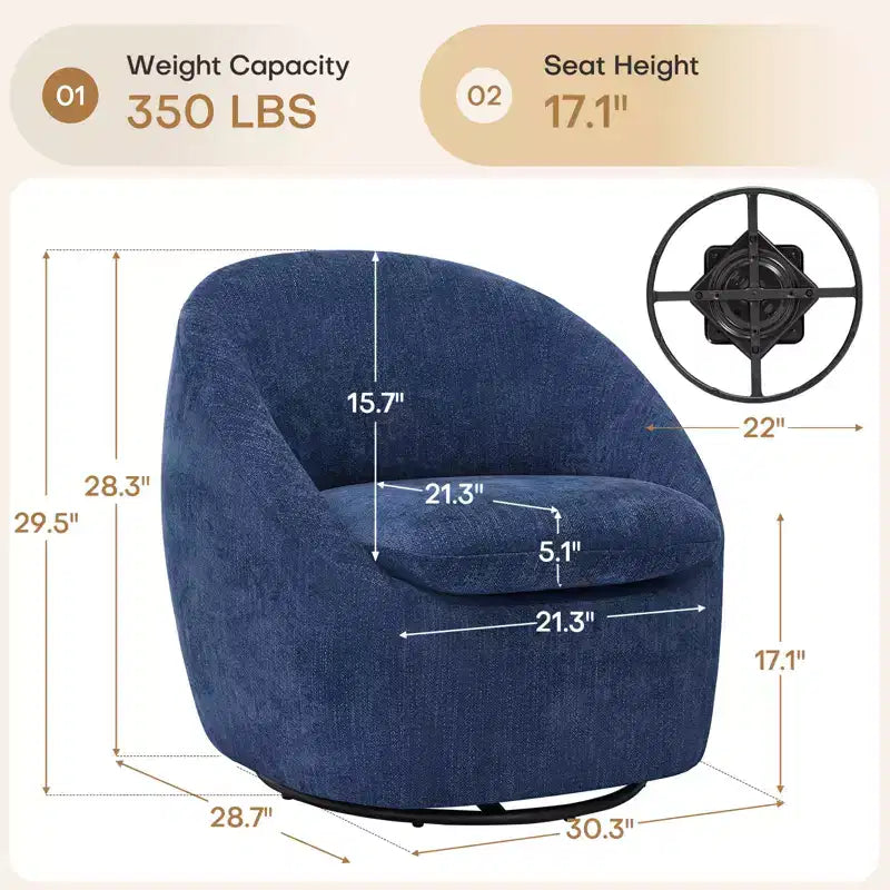 Fauteuil d'appoint pivotant Bekrvio, fauteuil baril en chenille avec coussin épais, fauteuil de salon moderne avec base en métal pour salon chambre à coucher