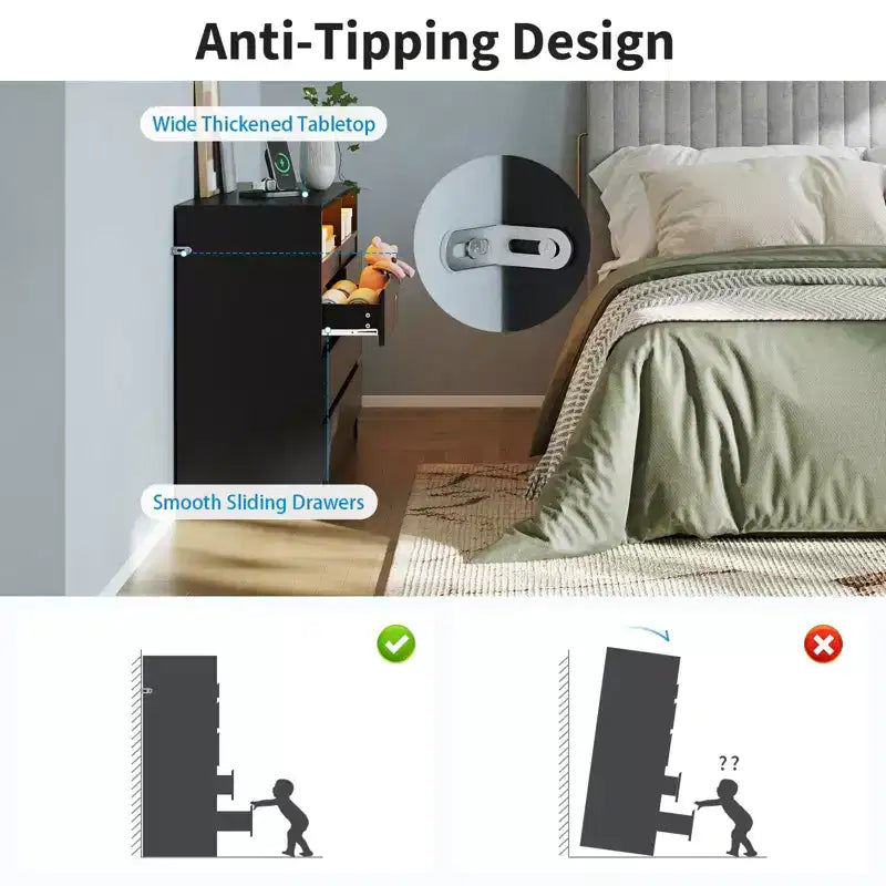 Commode à 4 tiroirs avec éclairage LED et station de recharge, lot de 2 commodes de rangement avec prise de courant, commode double d'appoint pour chambre et salon, noir
