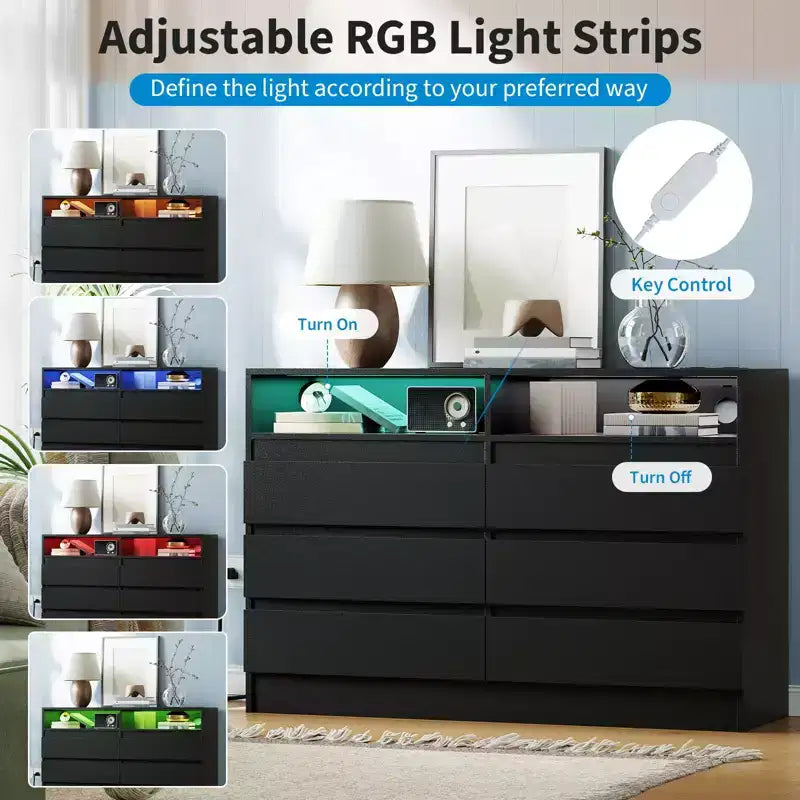 Commode à 4 tiroirs avec éclairage LED et station de recharge, lot de 2 commodes de rangement avec prise de courant, commode double d'appoint pour chambre et salon, noir