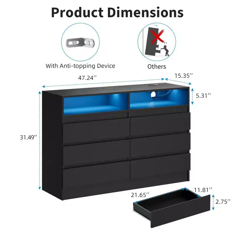 Commode à 4 tiroirs avec éclairage LED et station de recharge, lot de 2 commodes de rangement avec prise de courant, commode double d'appoint pour chambre et salon, noir