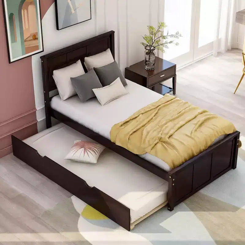 Lit plateforme FAMYYT pour jumeaux avec lit gigogne peu encombrant, assemblage facile, couleur expresso