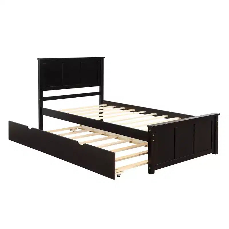 Lit plateforme FAMYYT pour jumeaux avec lit gigogne peu encombrant, assemblage facile, couleur expresso