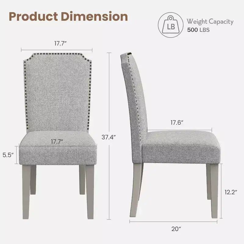 Lot de 2 chaises de salle à manger rembourrées avec pieds en bois, chaise d'appoint en tissu rembourrée à dossier haut avec garniture cloutée pour cuisine, salle à manger et restaurant
