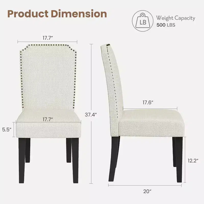 Lot de 2 chaises de salle à manger rembourrées avec pieds en bois, chaise d'appoint en tissu rembourrée à dossier haut avec garniture cloutée pour cuisine, salle à manger et restaurant
