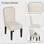 Lot de 2 chaises de salle à manger rembourrées avec pieds en bois, chaise d'appoint en tissu rembourrée à dossier haut avec garniture cloutée pour cuisine, salle à manger et restaurant
