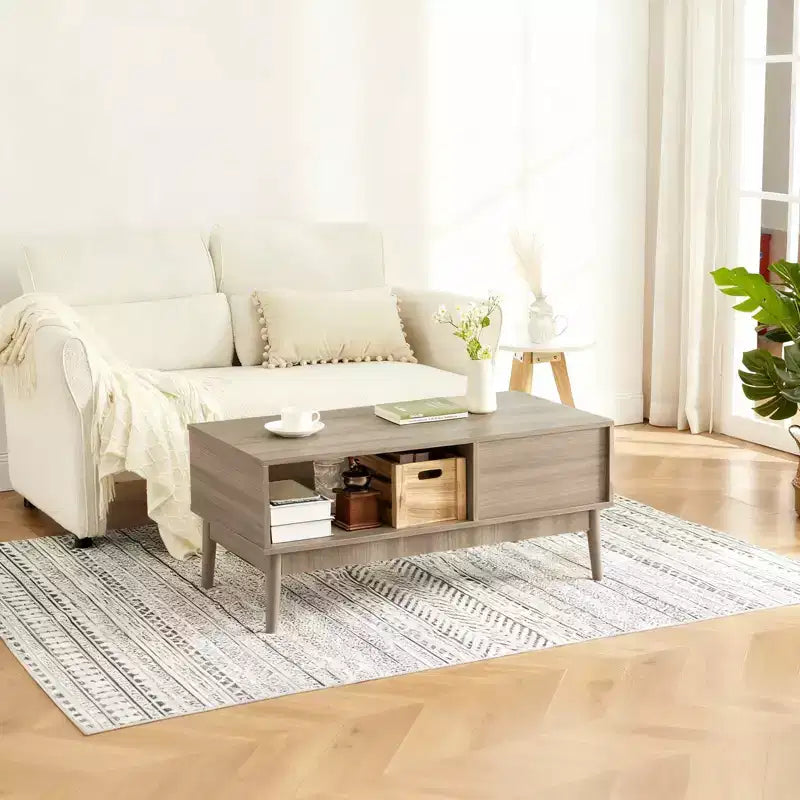 Table basse avec tiroir de rangement – Table basse rectangulaire cannelée en bois de 100 cm pour le salon – Table basse bohème à 2 niveaux avec étagère ouverte et pieds en bois