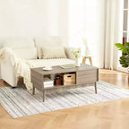 Table basse avec tiroir de rangement – Table basse rectangulaire cannelée en bois de 100 cm pour le salon – Table basse bohème à 2 niveaux avec étagère ouverte et pieds en bois