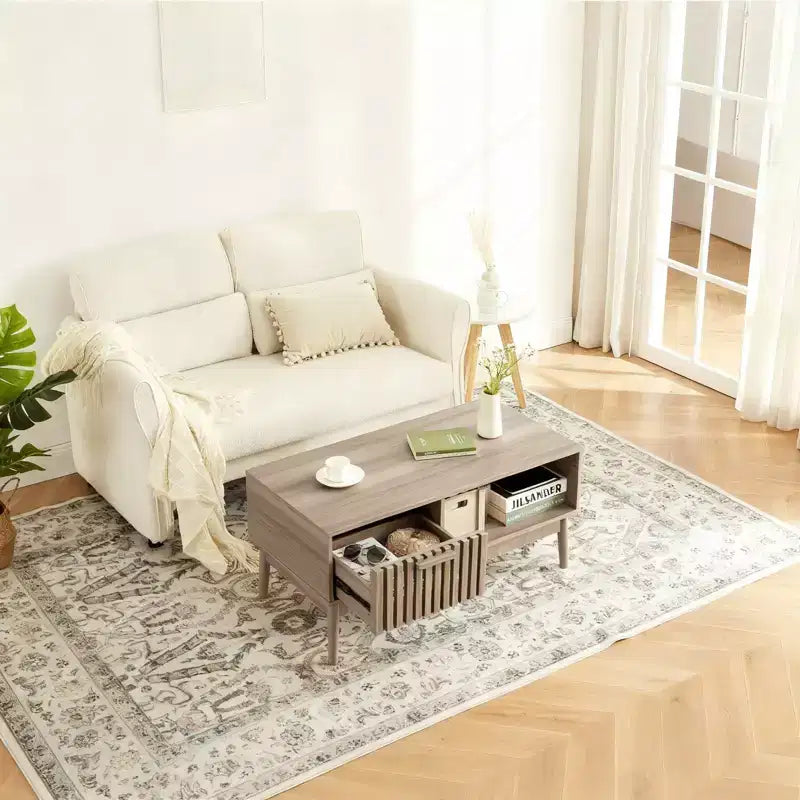 Table basse avec tiroir de rangement – Table basse rectangulaire cannelée en bois de 100 cm pour le salon – Table basse bohème à 2 niveaux avec étagère ouverte et pieds en bois