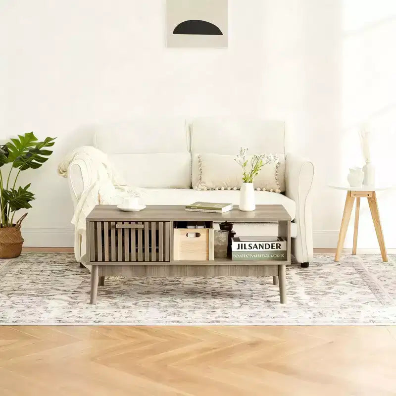 Table basse avec tiroir de rangement – Table basse rectangulaire cannelée en bois de 100 cm pour le salon – Table basse bohème à 2 niveaux avec étagère ouverte et pieds en bois
