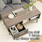 Table basse avec tiroir de rangement – Table basse rectangulaire cannelée en bois de 100 cm pour le salon – Table basse bohème à 2 niveaux avec étagère ouverte et pieds en bois