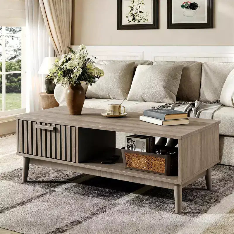 Table basse avec tiroir de rangement – Table basse rectangulaire cannelée en bois de 100 cm pour le salon – Table basse bohème à 2 niveaux avec étagère ouverte et pieds en bois