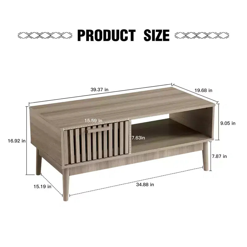 Table basse avec tiroir de rangement – Table basse rectangulaire cannelée en bois de 100 cm pour le salon – Table basse bohème à 2 niveaux avec étagère ouverte et pieds en bois
