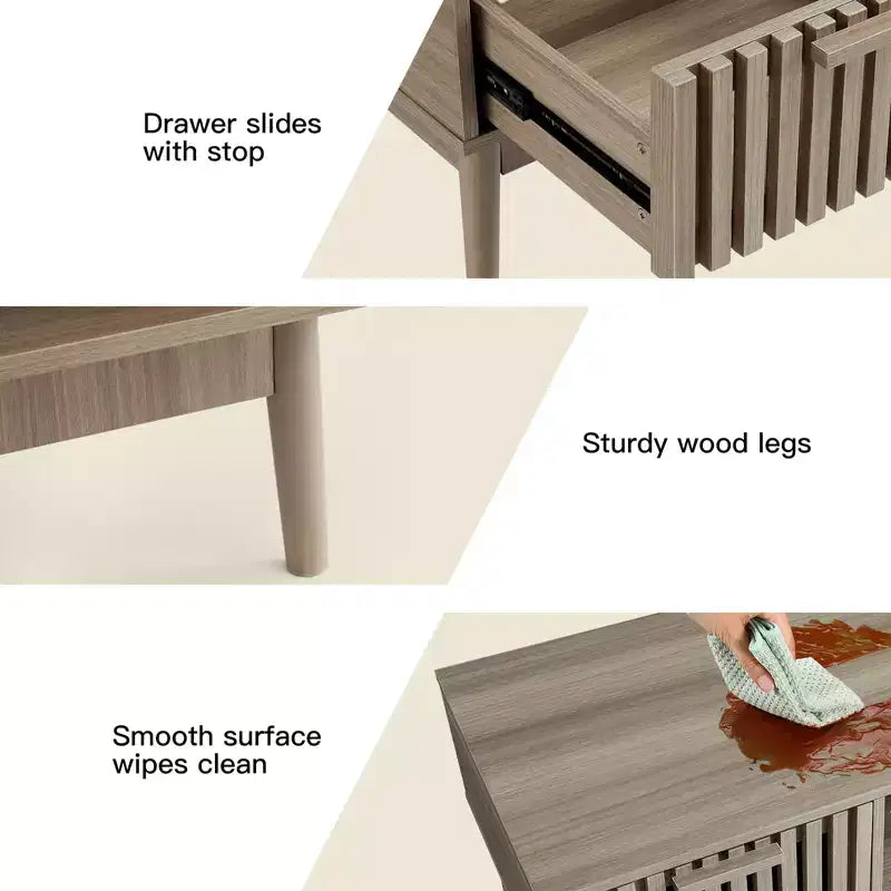 Table basse avec tiroir de rangement – Table basse rectangulaire cannelée en bois de 100 cm pour le salon – Table basse bohème à 2 niveaux avec étagère ouverte et pieds en bois
