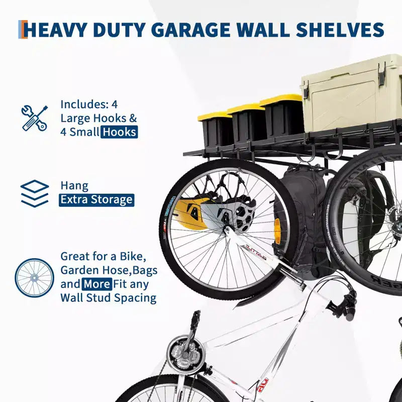 Étagère Murale de Garage Robuste, Lot de 2 Étagères Flottantes Métalliques 60x120 cm avec 8 Crochets, Organiseur de Rangement Mural pour Garage, Atelier, Buanderie, Bureau