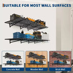 Étagère Murale de Garage Robuste, Lot de 2 Étagères Flottantes Métalliques 60x120 cm avec 8 Crochets, Organiseur de Rangement Mural pour Garage, Atelier, Buanderie, Bureau