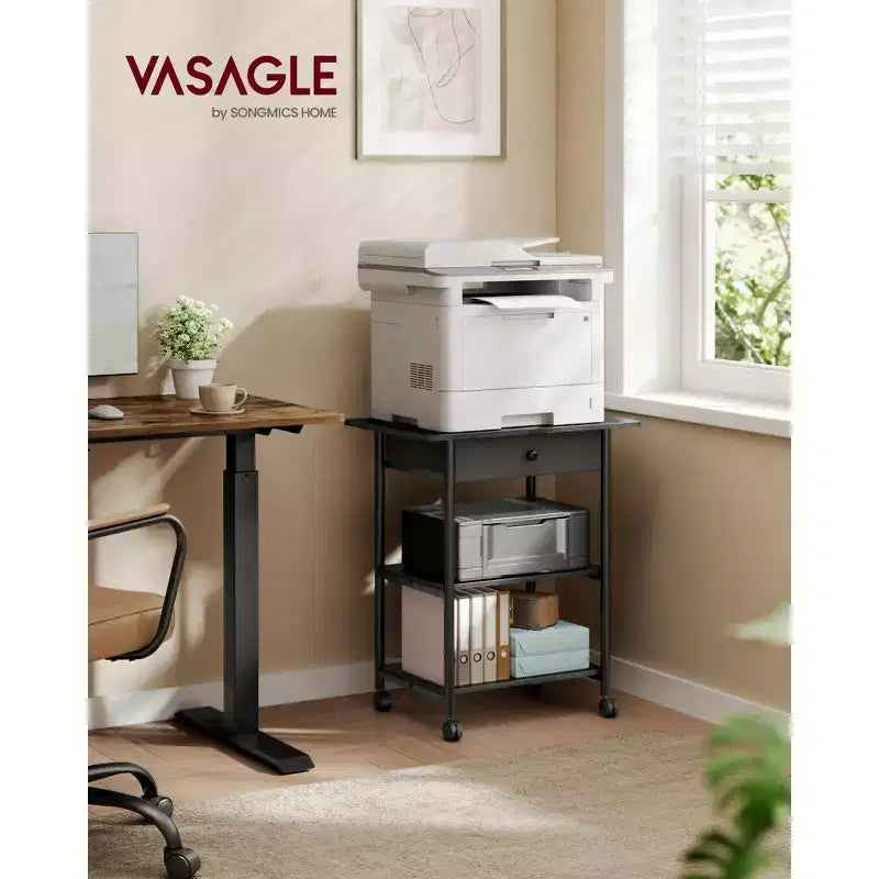 VASAGLE Support d'imprimante, chariot d'imprimante roulant, mobile avec roulettes verrouillables, cadre en acier, 2 étagères de rangement, tiroir amovible, 3 niveaux, noir ébène