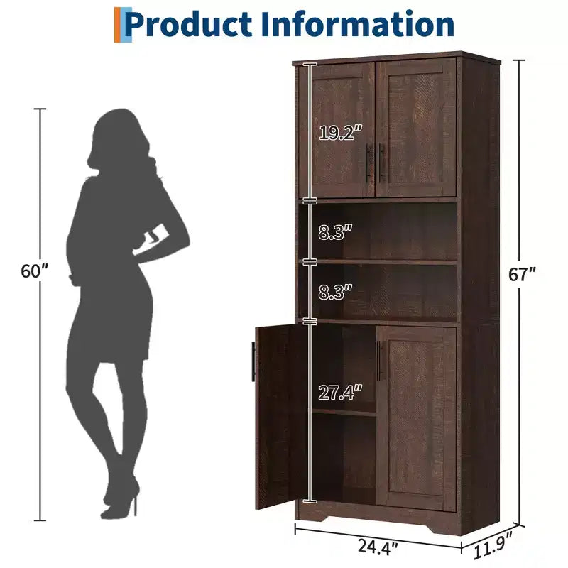 67Farmhouse Armoire haute de rangement avec portes en verre, tiroir et étagères réglables, meuble de garde-manger autoportant anti-basculement pour salle de bain, cuisine, salon