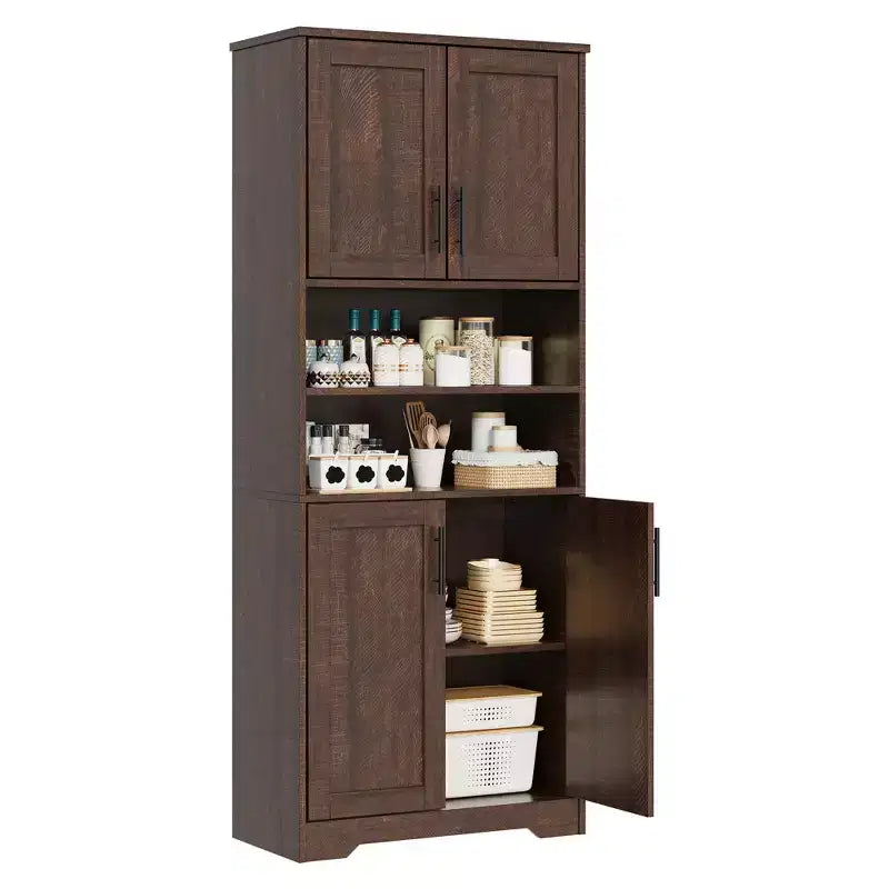 67Farmhouse Armoire haute de rangement avec portes en verre, tiroir et étagères réglables, meuble de garde-manger autoportant anti-basculement pour salle de bain, cuisine, salon