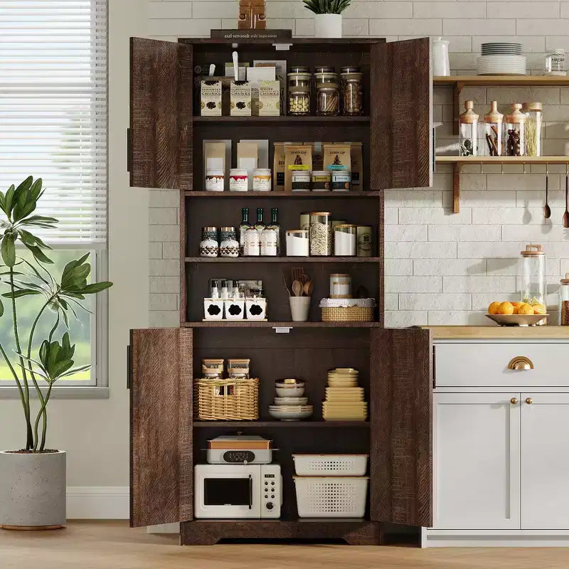 67Farmhouse Armoire haute de rangement avec portes en verre, tiroir et étagères réglables, meuble de garde-manger autoportant anti-basculement pour salle de bain, cuisine, salon