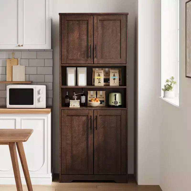 67Farmhouse Armoire haute de rangement avec portes en verre, tiroir et étagères réglables, meuble de garde-manger autoportant anti-basculement pour salle de bain, cuisine, salon