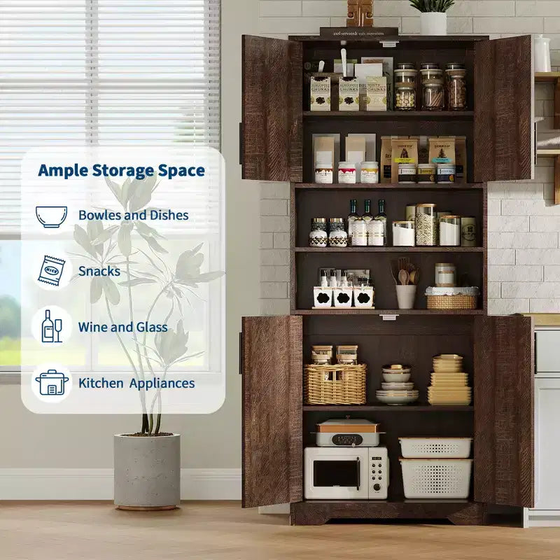 67Farmhouse Armoire haute de rangement avec portes en verre, tiroir et étagères réglables, meuble de garde-manger autoportant anti-basculement pour salle de bain, cuisine, salon