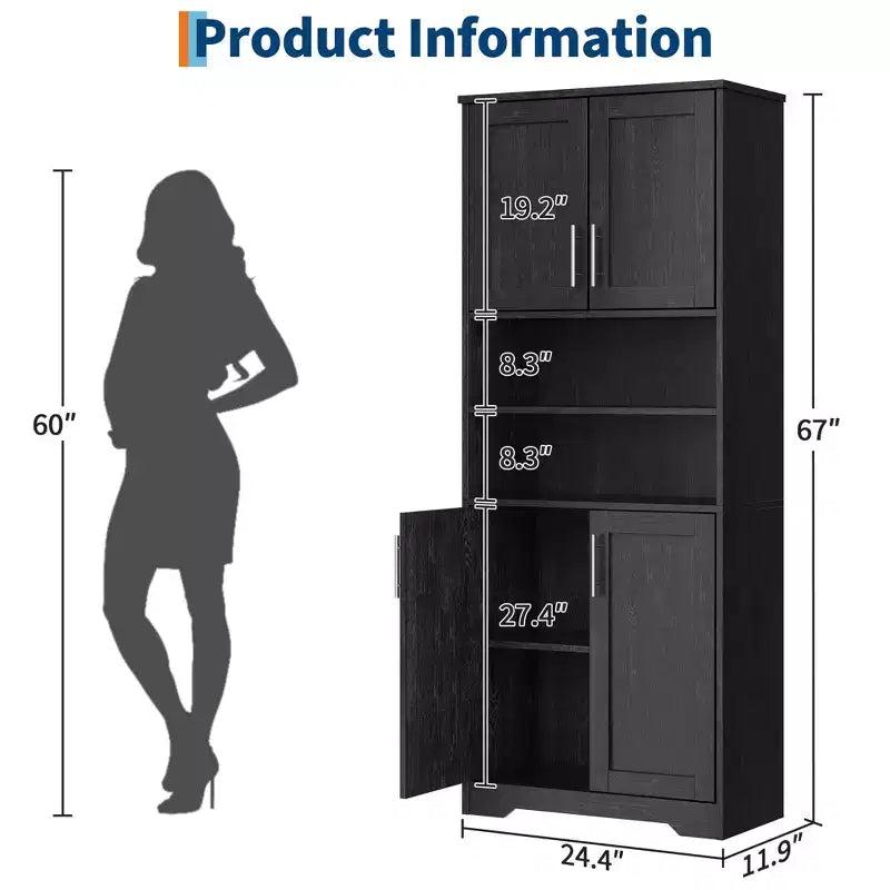 67Farmhouse Armoire haute de rangement avec portes en verre, tiroir et étagères réglables, meuble de garde-manger autoportant anti-basculement pour salle de bain, cuisine, salon
