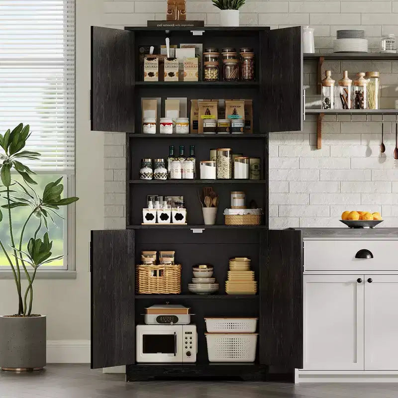 67Farmhouse Armoire haute de rangement avec portes en verre, tiroir et étagères réglables, meuble de garde-manger autoportant anti-basculement pour salle de bain, cuisine, salon