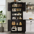 67Farmhouse Armoire haute de rangement avec portes en verre, tiroir et étagères réglables, meuble de garde-manger autoportant anti-basculement pour salle de bain, cuisine, salon