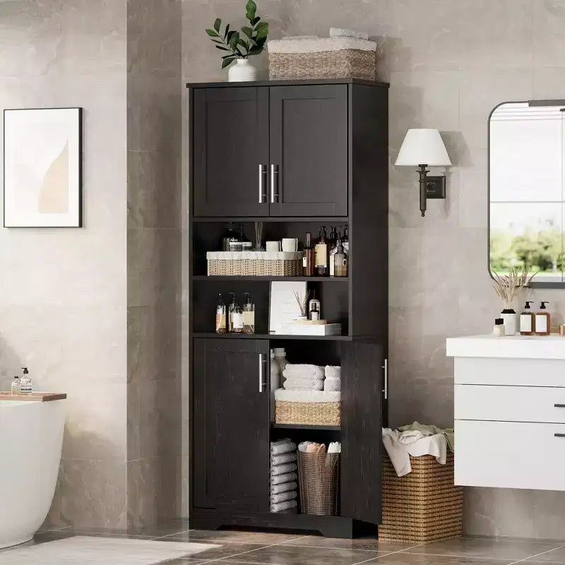 67Farmhouse Armoire haute de rangement avec portes en verre, tiroir et étagères réglables, meuble de garde-manger autoportant anti-basculement pour salle de bain, cuisine, salon