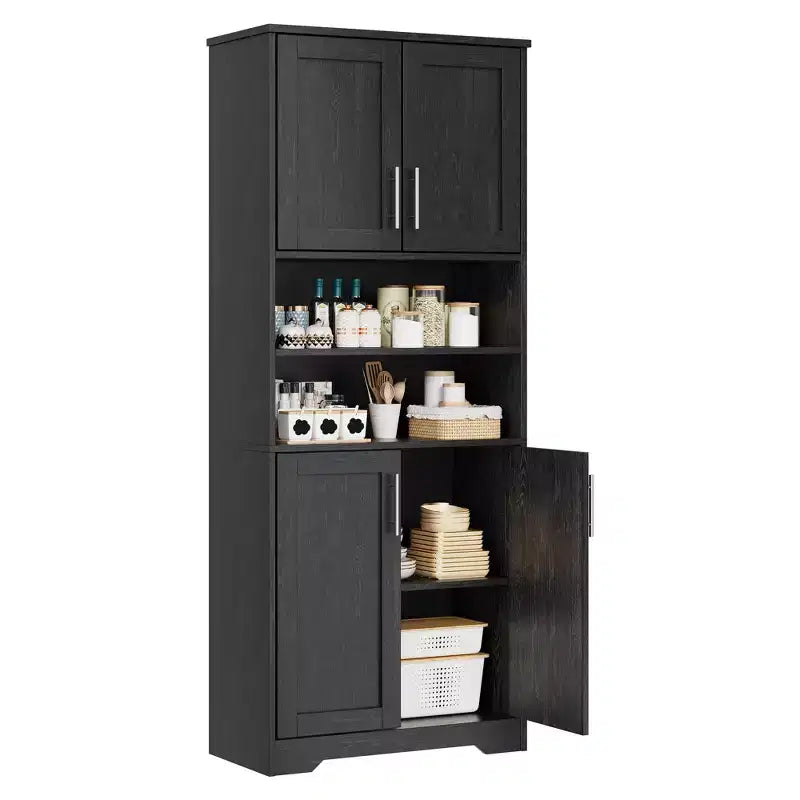 67Farmhouse Armoire haute de rangement avec portes en verre, tiroir et étagères réglables, meuble de garde-manger autoportant anti-basculement pour salle de bain, cuisine, salon