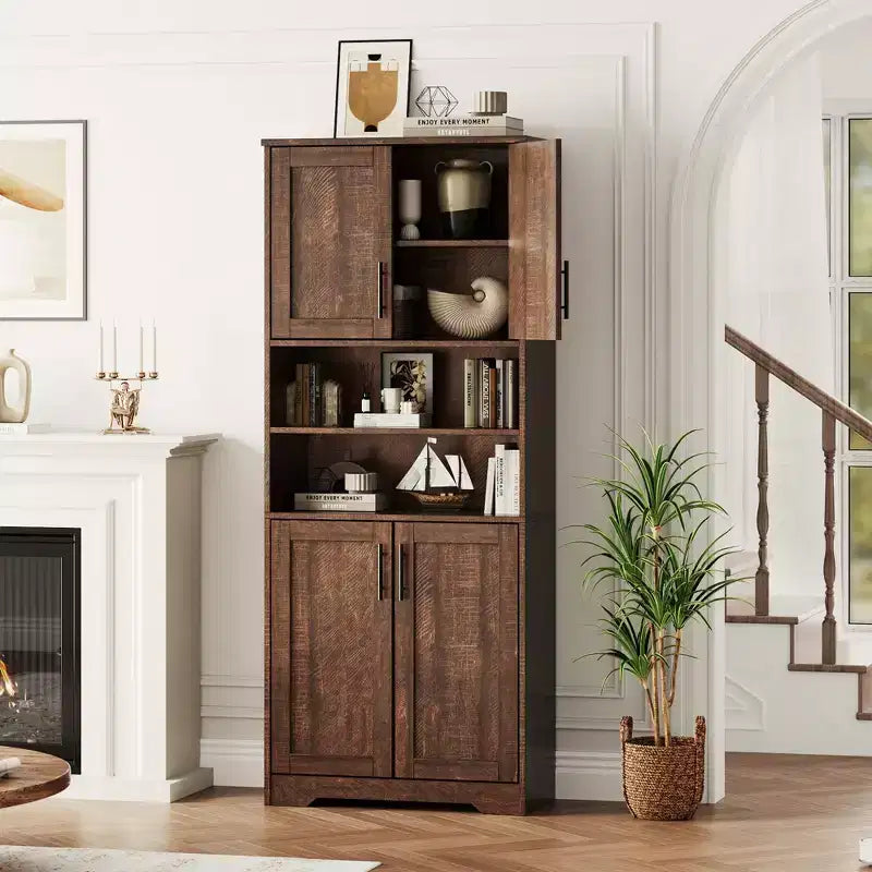 67Farmhouse Armoire haute de rangement avec portes en verre, tiroir et étagères réglables, meuble de garde-manger autoportant anti-basculement pour salle de bain, cuisine, salon
