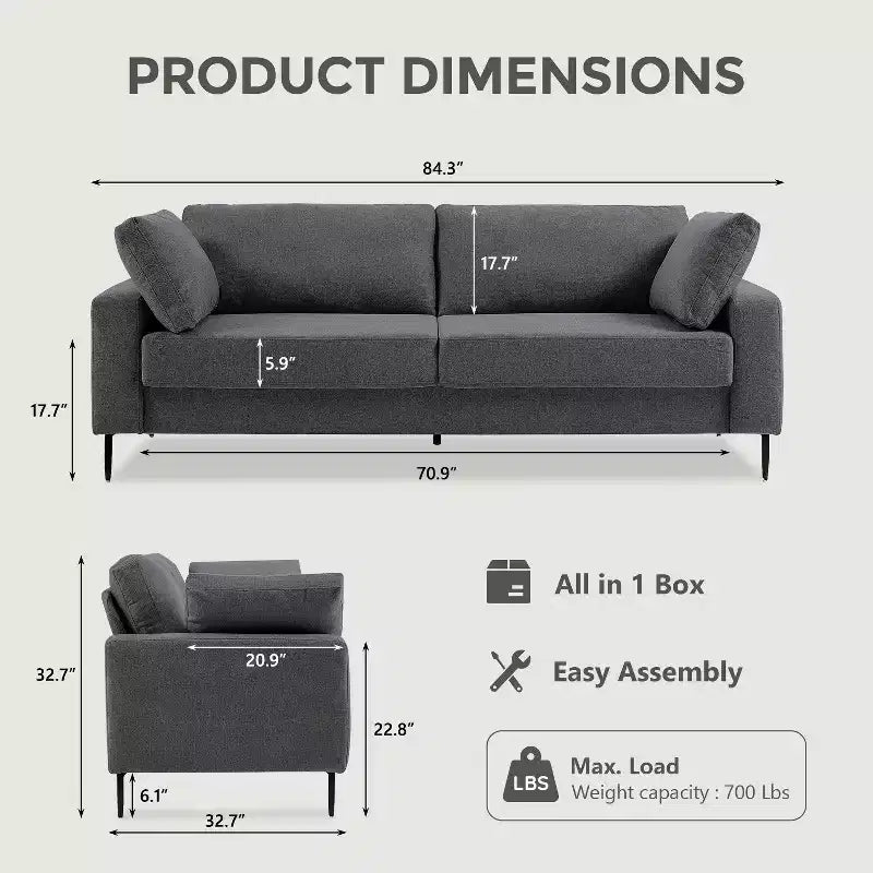 Canapé 2 places de 183 cm, canapé à accoudoirs évasés de style moderne du milieu du siècle, canapé rembourré à assise profonde pour salon, appartement, petits espaces