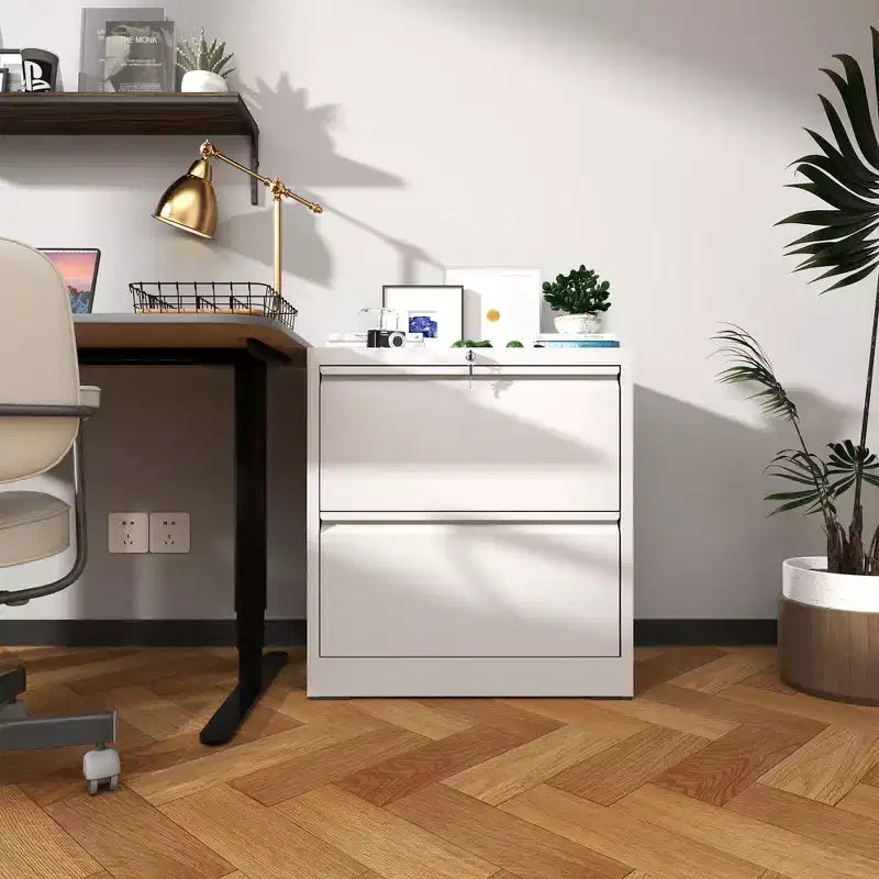 Meuble de rangement horizontal en métal à 2 tiroirs avec serrure, classeur latéral en acier large