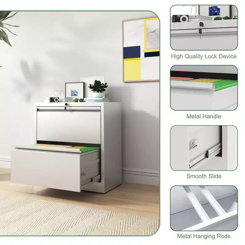 Meuble de rangement horizontal en métal à 2 tiroirs avec serrure, classeur latéral en acier large