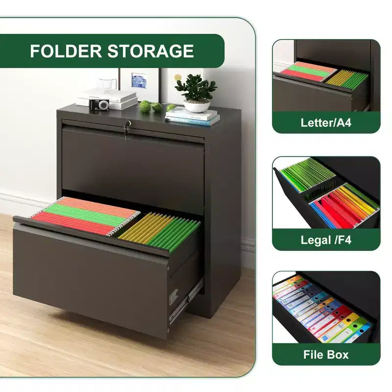 Meuble de rangement horizontal en métal à 2 tiroirs avec serrure, classeur latéral en acier large
