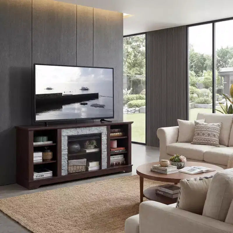Meuble TV JVNOXK avec contour en fausse pierre empilée, console de divertissement moderne avec espace de rangement ouvert, couleur cerisier