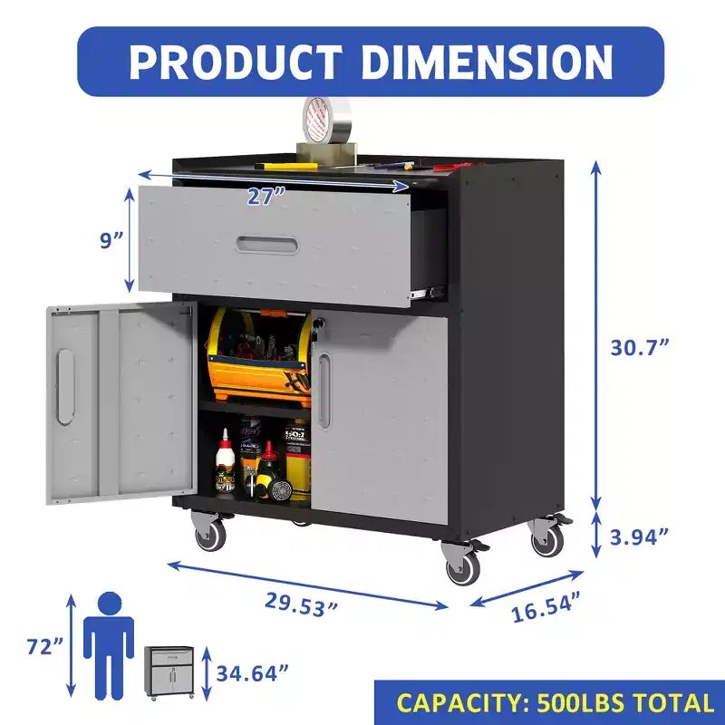 Servante d'atelier métallique pour garage, armoire de rangement mobile robuste avec portes verrouillables, servante à outils roulante
