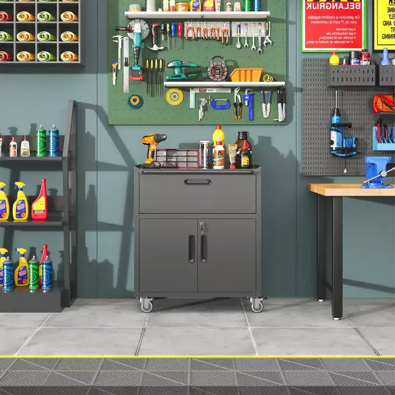 Servante d'atelier métallique pour garage, armoire de rangement mobile robuste avec portes verrouillables, servante à outils roulante