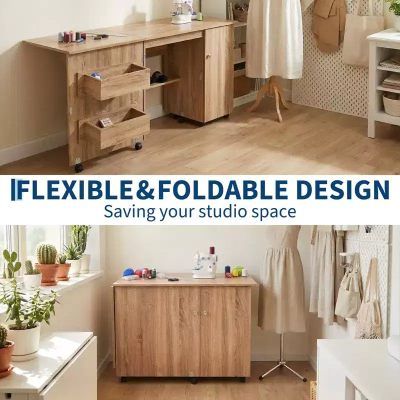 Table de couture pliante avec rangement, grande table pour machine à coudre avec étagères et roulettes verrouillables, bureau d'artisanat multifonctionnel pour la maison et l'atelier