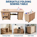 Table de couture pliante avec rangement, grande table pour machine à coudre avec étagères et roulettes verrouillables, bureau d'artisanat multifonctionnel pour la maison et l'atelier